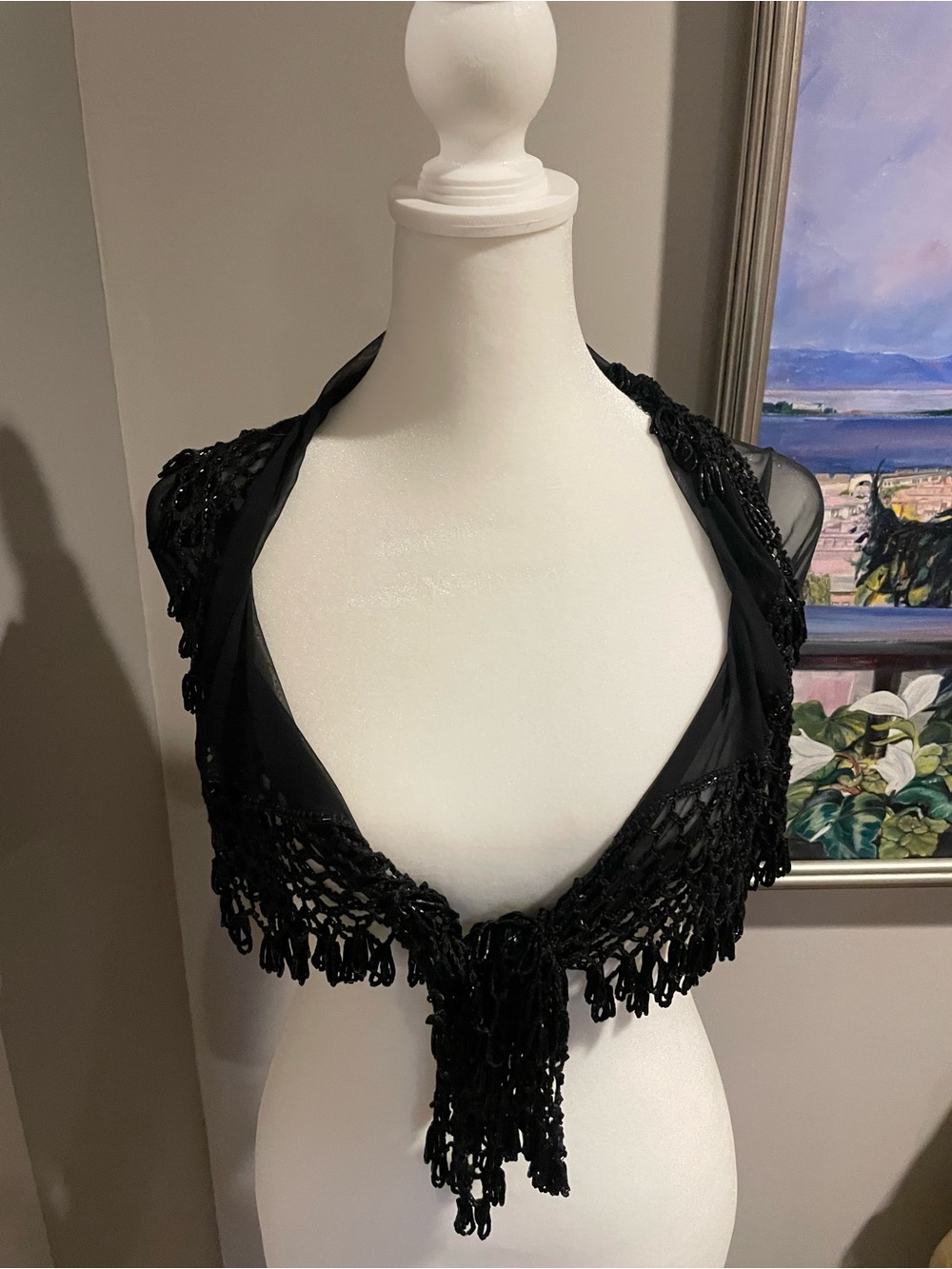 Unique Black Sheer Beaded Shrug Tie-Front Bolero